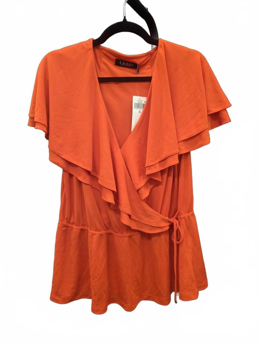 Ralph Lauren Orange Ruffled Short Sleeve V Neck Peplum Top Women’s XL